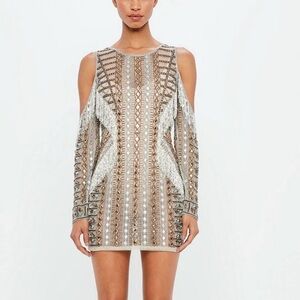 Embellished Mini Dress with Cold-Shoulder Detail - size 4